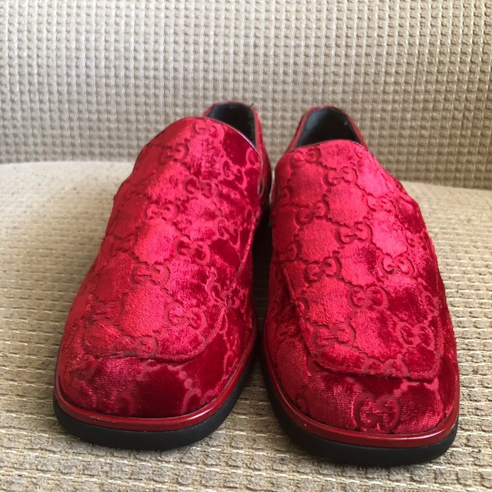 GUCCI GG Pattern Red Velvet Loafer Shoes